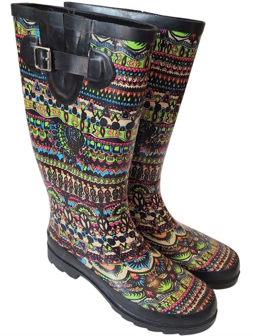 Womens Rain Boots Multicolor Geometric Patterned Peace Sign Rain Boots Size 8